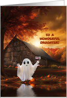 Daughter Cute Halloween Ghost with Wine Happy Hour Custom Text card