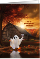 Sister Happy Halloween Cute Ghost and Wine Funny Customizable card