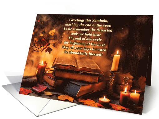 Samhain Blessing with Books Candles Fall Foliage Original Poem card