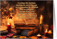 Samhain Blessing with Books Candles Fall Foliage Original Poem card