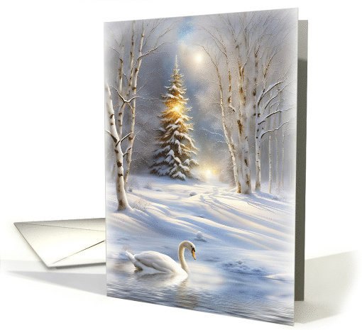 Christmas Holiday with Beautiful Swan Christmas Tree Nature Scene card