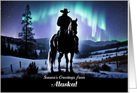 Alaska Seasons Greetings Holidays with Cowboy Horse Northern Lights card
