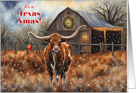 Texas Happy Holidays Longhorn and Barn Christmas Xmas Cute card