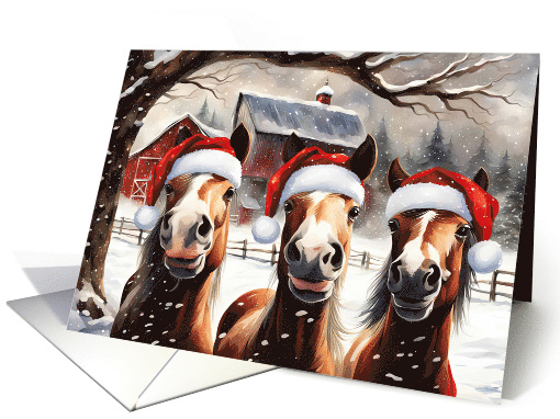 Christmas Horses in Snow with Cute Santa Hats Country Red Barns card