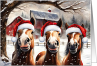 Christmas Horses in Snow with Cute Santa Hats Country Red Barns card
