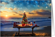 Christmas in July Wine and Xmas Tree on the Beach Sunset Warm Glow card