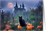 Halloween Black Cat Pumpkin Patch with Spooky Old House Full Moon Bats card