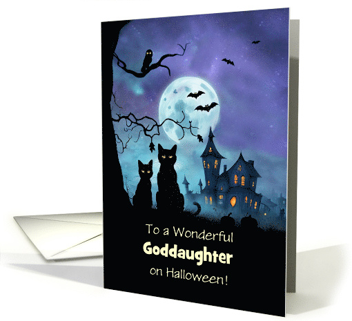 Goddaughter Happy Halloween Cute Black Cats Bats Owl Customizable card