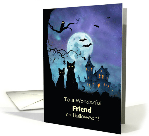 Friend Happy Halloween with Cute Black Cats Haunted House Custom card