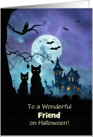 Friend Happy Halloween with Cute Black Cats Haunted House Custom card