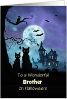 Brother Happy Halloween with Cute Cats and Bats Haunted House Custom card