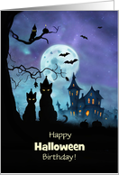 Happy Halloween Birthday with Cute Cats Party Hats Cupcake Owl Custom card