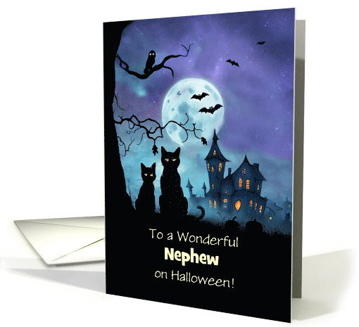 Nephew Happy Halloween with Cute Haunted Mansion Cats Owl Custom card