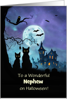 Nephew Happy Halloween with Cute Haunted Mansion Cats Owl Custom card