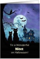 Niece Happy Halloween Cute Black Cats Owl Bats Haunted House Custom card
