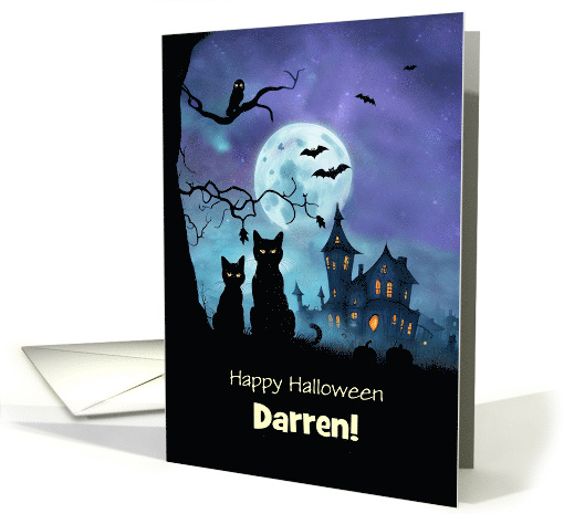 Halloween Custom Name with Cute Cats Owl Haunted House card (1867410)