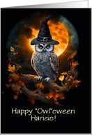 Custom Name Happy Halloween with Cute Owl Fall Foliage and Moon card