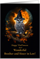 Brother and Sister in Law Wife Cute Owl Halloween with Hat and Moon card