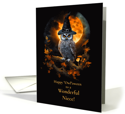 Niece Happy Halloween with Owl and Orange Eyes Witch Hat Cute card