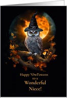 Niece Happy Halloween with Owl and Orange Eyes Witch Hat Cute card