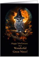 Great Niece Cute and Fun Happy Halloween with Owl Witch Hat Moon card