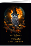 Great Grandson Happy Halloween with Owl Moon and Fall Leaves card