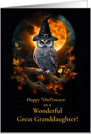 Great Granddaughter Happy Halloween with Owl Witch Hat Moon Cute card