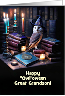 Great Grandson Magical Owl and Books Fun Custom Cover Text card