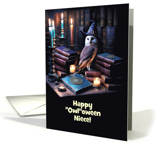 Niece Happy Halloween with Cute Round Faced Owl Books Custom card