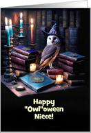 Niece Happy Halloween with Cute Round Faced Owl Books Custom card