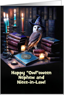 Nephew and Wife Cute Magical Owl and Books Halloween Custom card