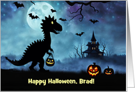 Halloween Dinosaur Trick or Trick Custom Name with Bats Haunted House card
