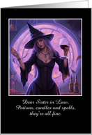 Sister in Law Humorous Halloween with Wine and Witch Custom Text card