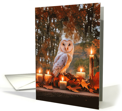 Autumn Equinox Barn Owl and Candles Fall Colors Mystical Mabon card