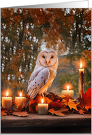 Autumn Equinox Barn Owl and Candles Fall Colors Mystical Mabon card