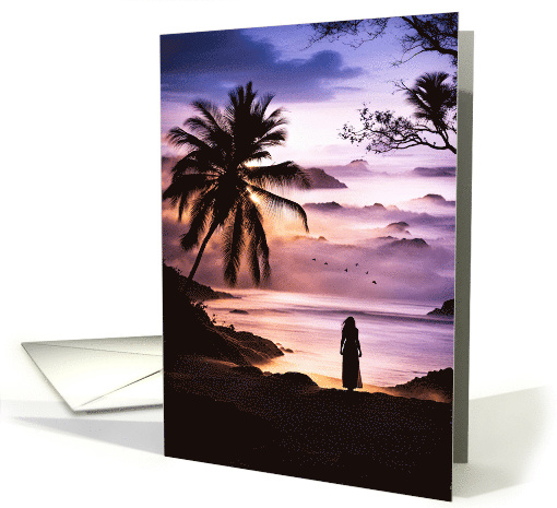 Miss You Missing You Tropical Beach with Beautiful Sunset Birds card