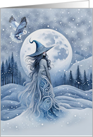 Winter Solstice Yule Folk Art Inspired Witchy Woman Owl Snow Moon Nigh card