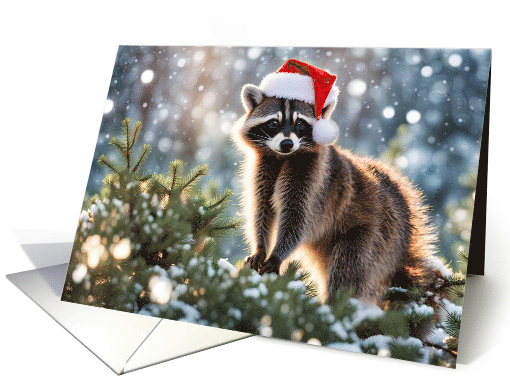 Christmas Seasons Greetings Cute Wildlife Nature Racoon Santa Hat card