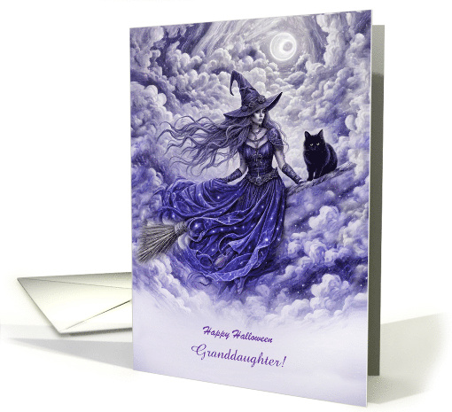 Granddaughter Happy Halloween Beautiful Witch and Cat Custom Text card