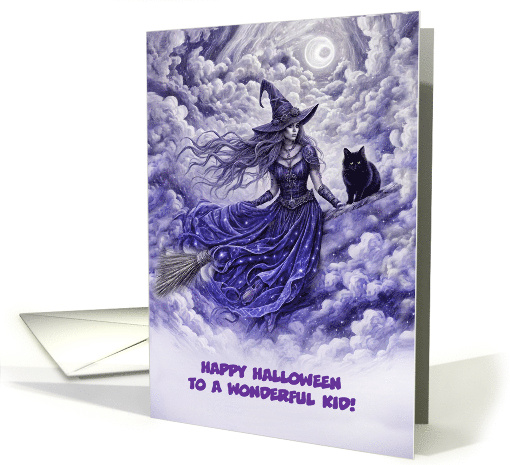 Halloween Witch and Black Cat for a Wonderful Kid Custom Cover card