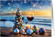 Beach Wine and Shells Christmas Tree Happy Holidays Sunset Stars card