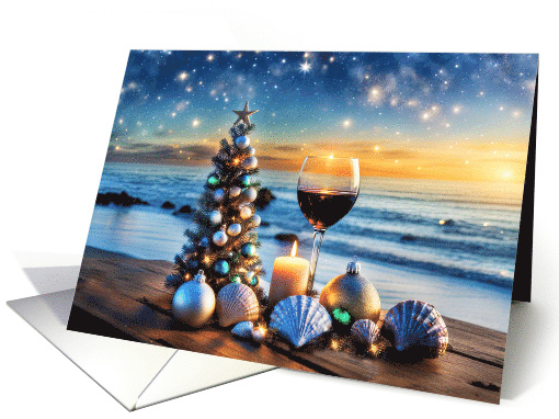 Friend Happy Holidays with Beach Glass of Wine Xmas Tree Shells card