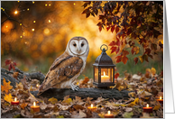 Owl in Fall Leaves with a Lantern and Candle Mystical Blank card