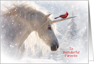 Parents Happy Holidays Magical Unicorn Christmas with Cardinal Custom card