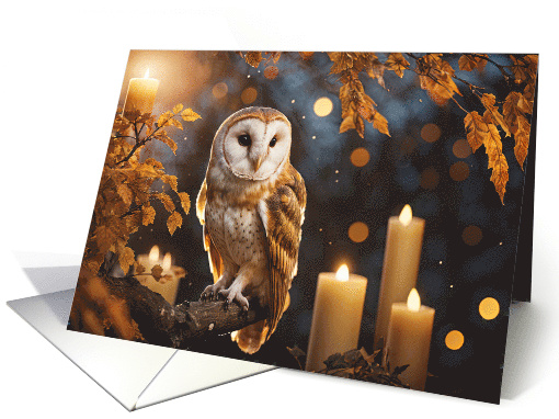 Autumn Fall Equinox with Cute Owl Candles and Fall Foliage Nature card