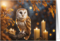 Autumn Fall Equinox with Cute Owl Candles and Fall Foliage Nature card