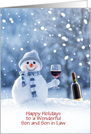 Son and Son in Law Happy Holidays Cute Snowman and Wine Custom card