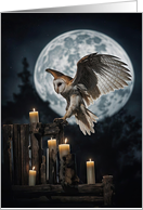 Samhain with Pretty Owl Open Wings Full Moon and Rustic Fence Candles card