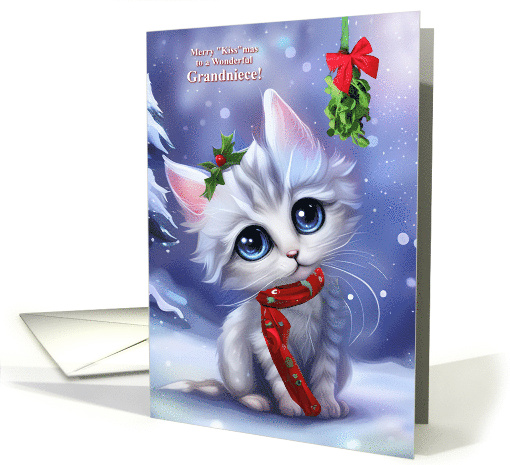 Grandniece Cute Cat and Snow Happy Holidays Christmas Mistletoe card