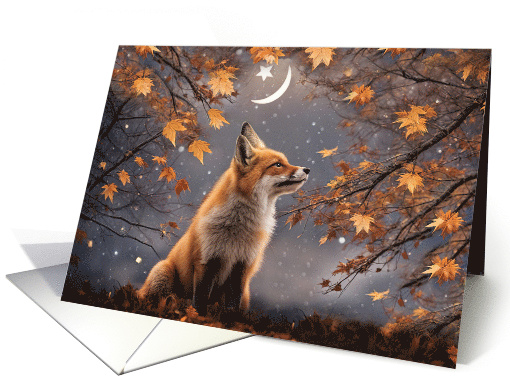 Autumn or Fall Equinox Cute Red Fox in Foliage with Moon and Star card